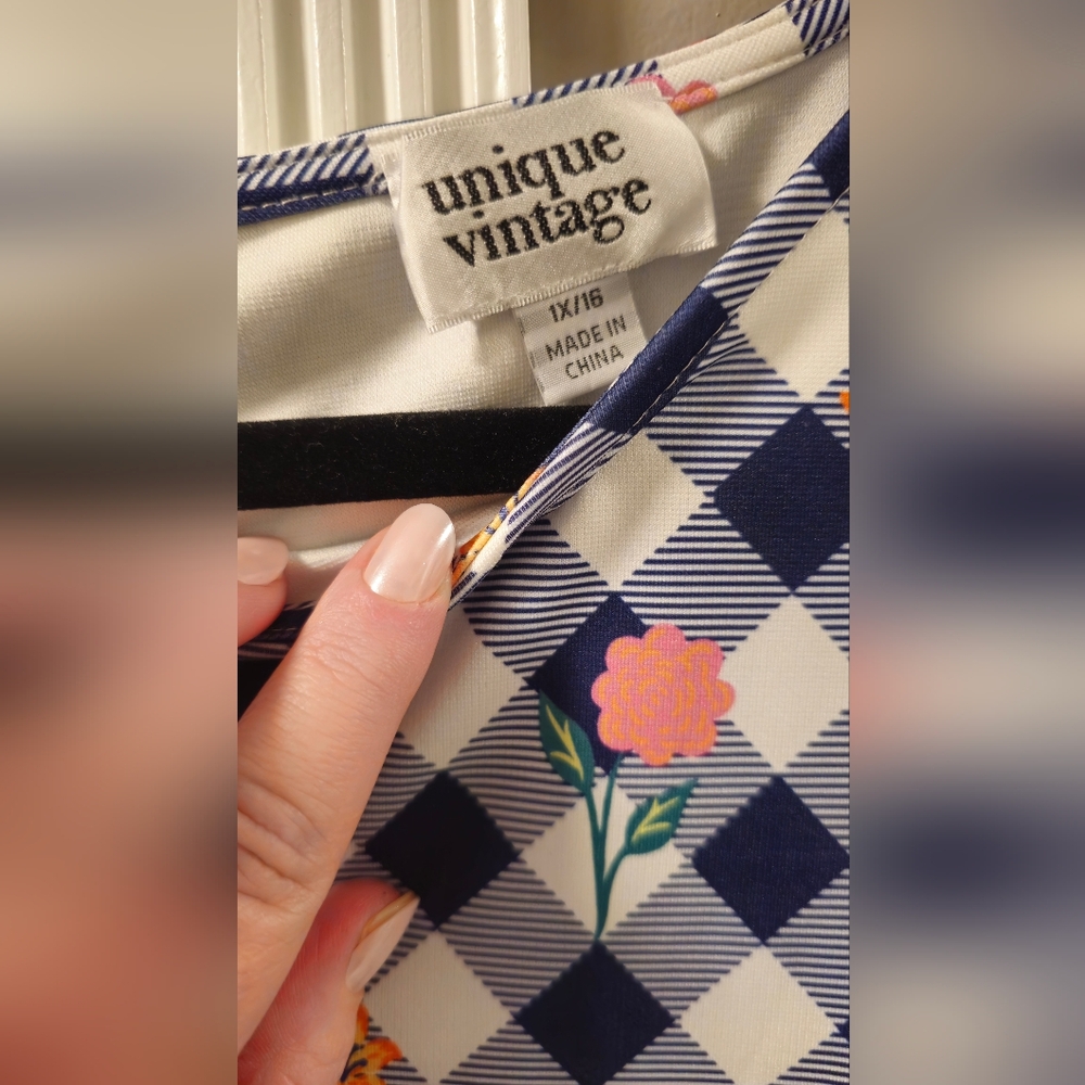 Unique Vintage Navy Checkered Dress with Floral Accents